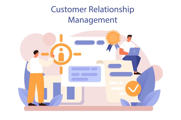 Crm o set di concetti di gestione delle relazioni con i clienti. attrazione e guida del cliente. analisi dell'esperienza del cliente e dell'approvazione. strategia di mercato. illustrazione vettoriale piatta