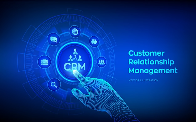 CRM. Customer Relationship Management concept on virtual screen. Customer service and relationship. Robotic hand touching digital interface.