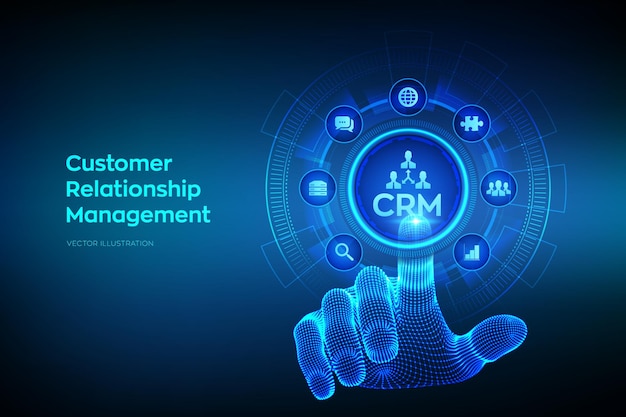 Crm customer relationship management servizio clienti e relazioni concetto di pianificazione della comunicazione aziendale su schermo virtuale interfaccia digitale a contatto con la mano wireframe illustrazione vettoriale