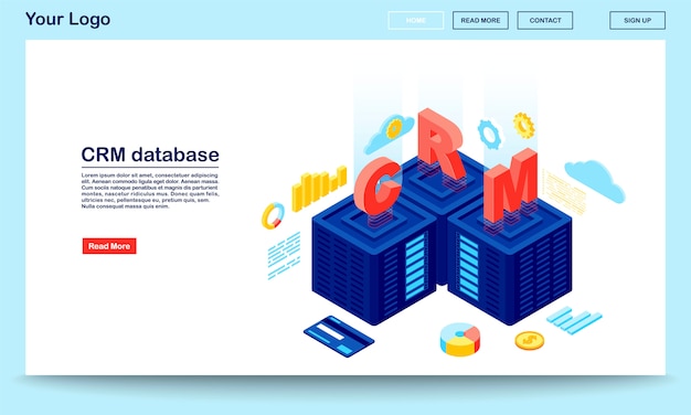 Modello di vettore di pagina di destinazione isometrica database e server crm