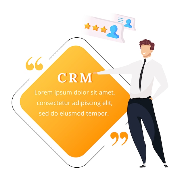 Crm плоский цветной символ цитаты. постоянный улыбающийся бизнесмен. хорошие отзывы. высокий рейтинг автоматизация процессов. шаблон цитаты пустой кадр. диалоговое окно. цитата пустой текстовое поле дизайн