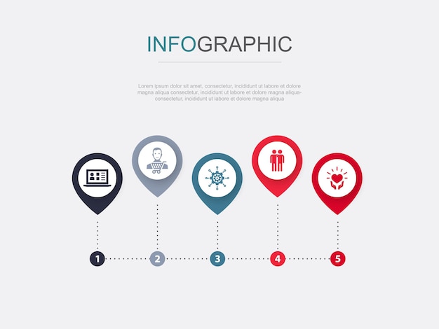 Crm klantbeheer relatie zorg iconen infographic ontwerpsjabloon creatief concept met 5 stappen