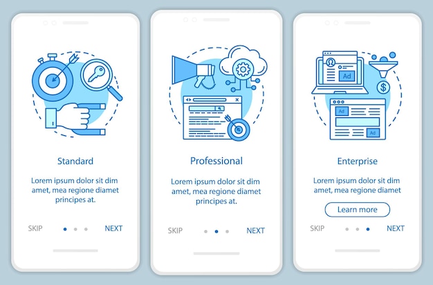 CRM 訂閱上機移動應用程式頁面螢幕與線性概念. 三步步驟圖形說明. 標準或專業的關稅. UX, UI, GUI 矢量模板與插圖