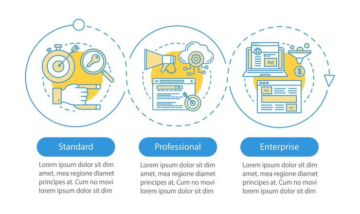 Vector crm 구독 벡터 infographic 템플릿입니다. 비즈니스 프레젠테이션 디자인 요소입니다. 데이터 시각화, 3단계, 옵션. 표준, 전문 요금. 프로세스 타임라인 차트. 워크플로 레이아웃, 아이콘
