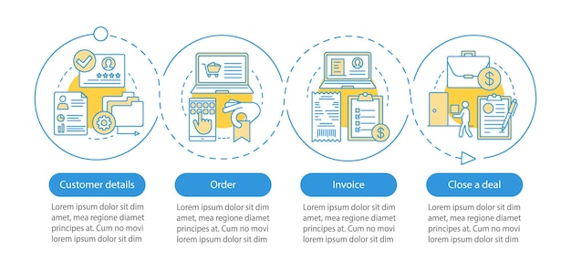 Modello di infografica vettoriale del sistema crm. creazione ordini e fatture. elementi di design di presentazione aziendale. visualizzazione dei dati, quattro passaggi, opzione. grafico della sequenza temporale del processo. layout del flusso di lavoro, icone lineari