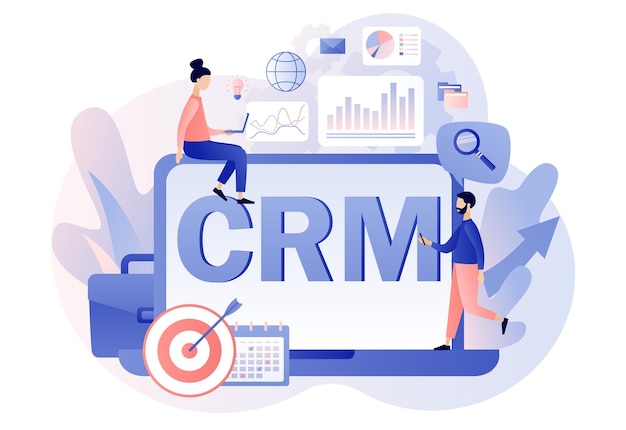 Текст CRM на экране ноутбука Концепция управления взаимоотношениями с клиентами Бизнес-стратегия