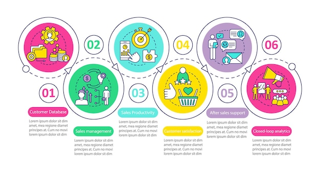 crm vector infographic template. customer database. sales management. business presentation design elements. data visualization, six step, option. process timeline chart. workflow layout, linear icons