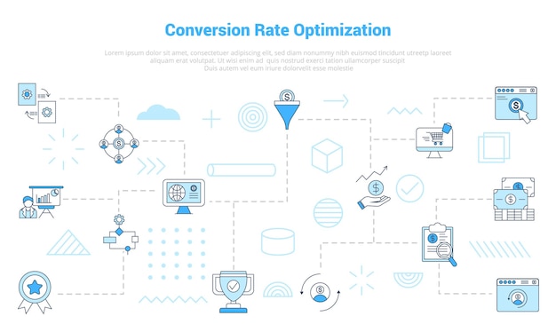 벡터 현대적인 파란색 색상 스타일의 터 일러스트레이션과 함께 아이콘 세트 템플릿 배너와 함께 cro 전환률 최적화 개념