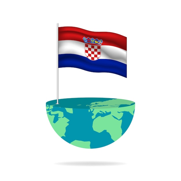 Croatia flag pole on globe. Flag waving around the world. Easy editing and vector in groups.