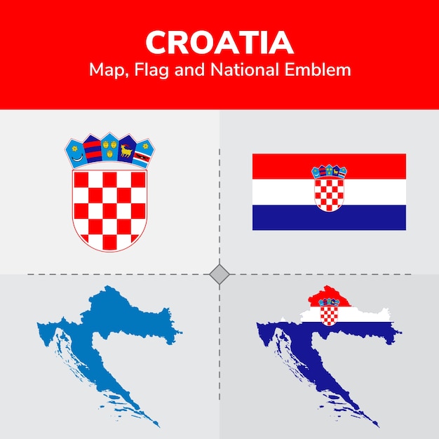 Croatia map, flag and national emblem