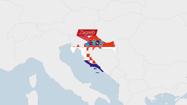 クロアチアの国旗の色と国の首都ザグレブのピンで強調表示されたクロアチアの地図