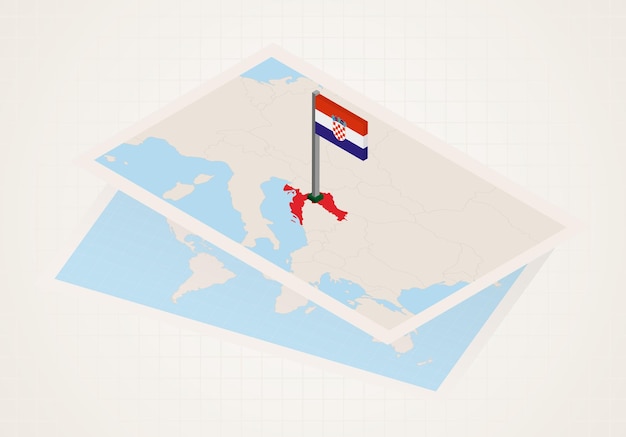 Vector croatia selected on map with isometric flag of croatia