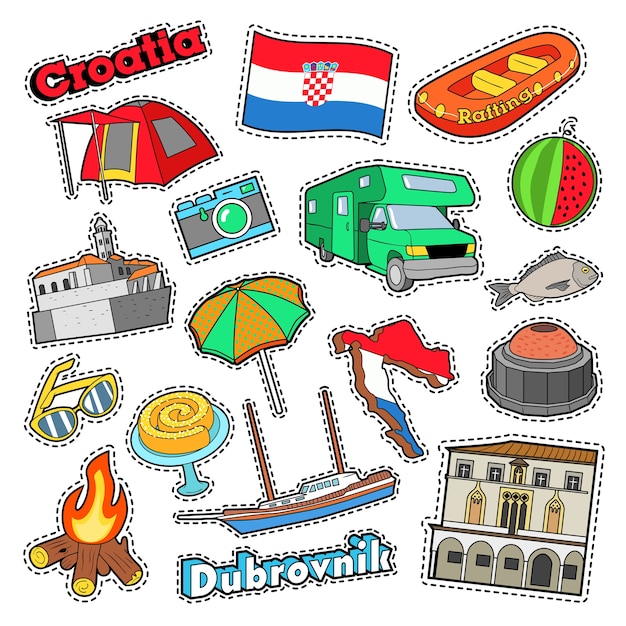 Vector croatia travel elements with architecture and ship. vector doodle