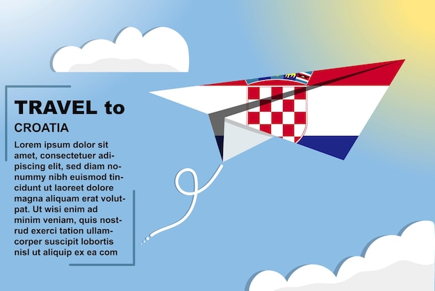 Croatia travel vector banner with paper flag and text space flag on paper plane vacation concept