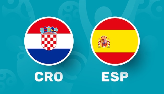 Croazia vs spagna round di 16 partite, illustrazione vettoriale del campionato europeo di calcio 2020. partita del campionato di calcio 2020 contro lo sfondo sportivo introduttivo delle squadre teams