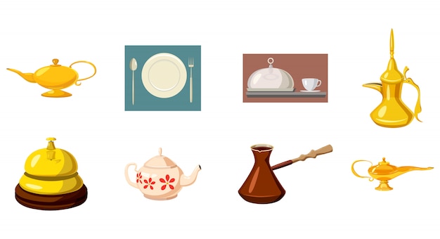 Vector crockery elements set. cartoon set of crockery