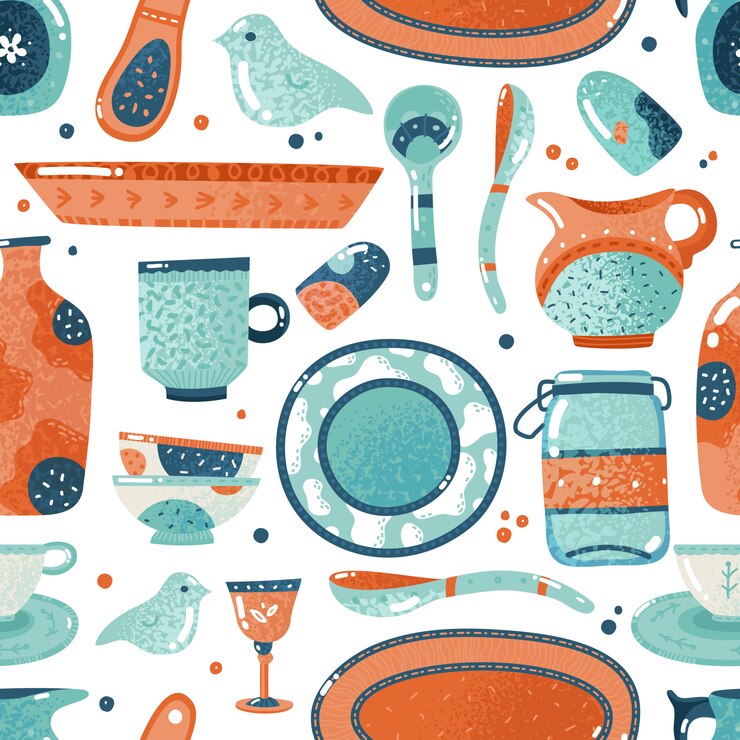 Vector crockery seamless pattern. home watercolor kitchen and cooking tableware bowl dish ceramic cup pitcher background