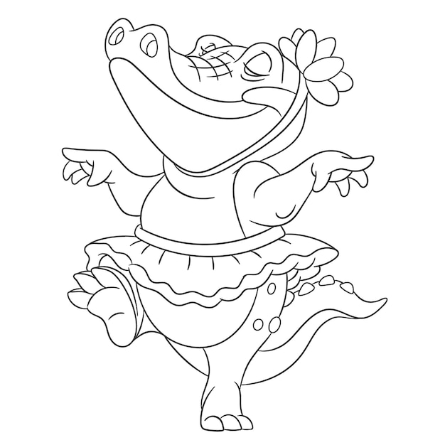 Vettore ballerina di coccodrillo. personaggio dei cartoni animati. pagina del libro da colorare in stile art linea.