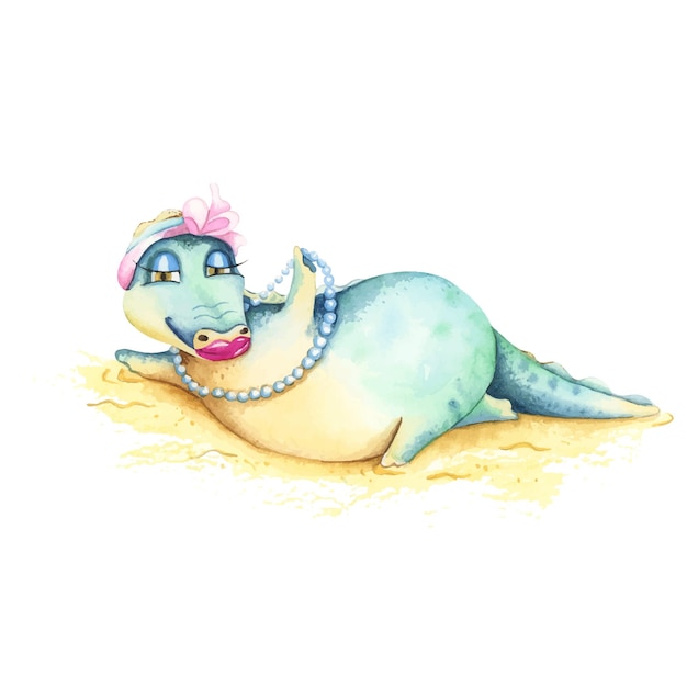 Crocodile on the beach Funny watercolor character