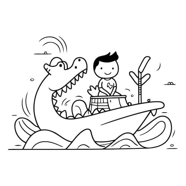 Vector crocodile and boy on boat in cartoon style