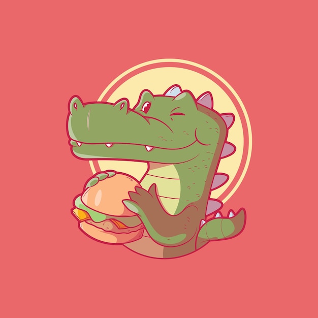 A crocodile character eating a burger vector illustration food animal character design concept