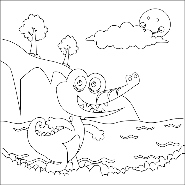 Crocodile Coloring Pages With Line Art Design Hand Drawing Sketch Vector illustration Coloring Book