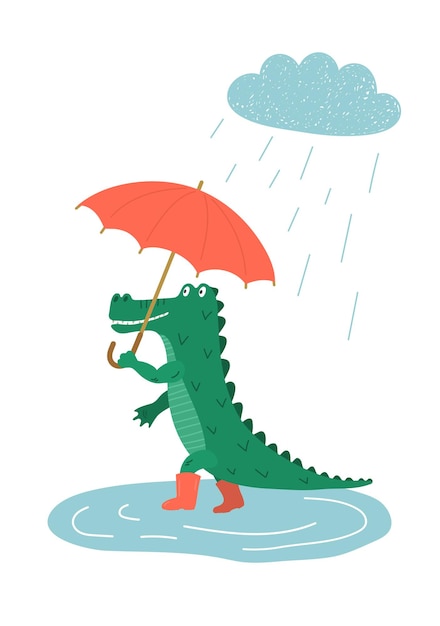 Crocodile Cute hand drawn crocodile with red umbrella walking in the rain