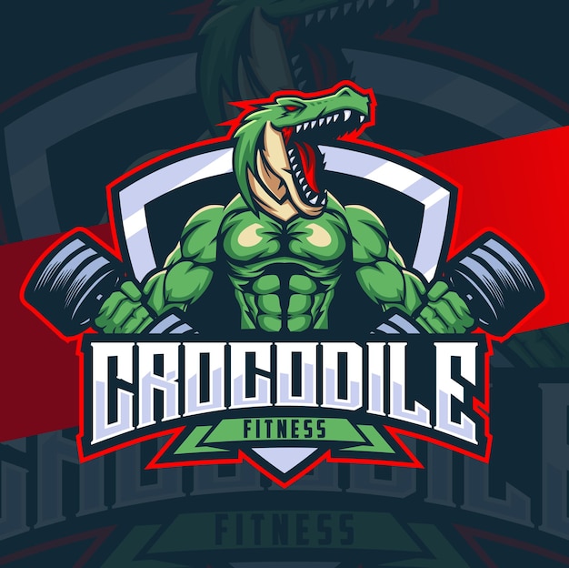 Crocodile fitness mascotte karakterontwerp met spierbadge en barbell