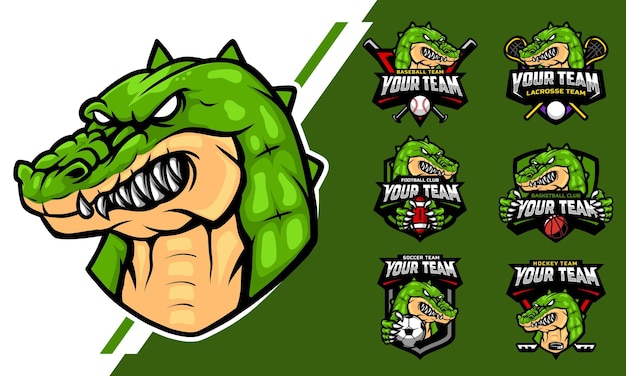 Crocodile head mascot-logo met logo voor teamvoetbal, basketbal, lacrosse, honkbal, hockey