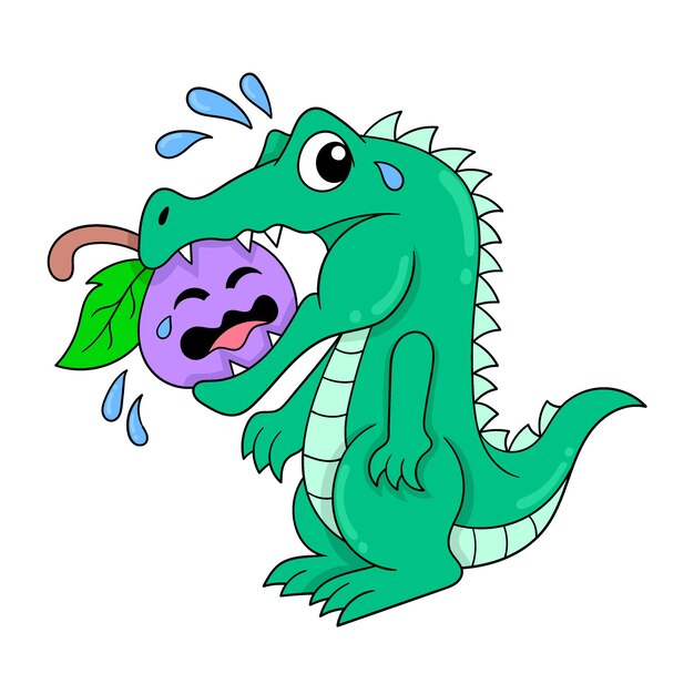 Crocodile is chewing a vegetable tomato in his mouth doodle icon image kawaii