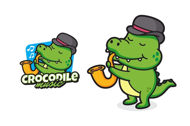 Vector crocodile music mascot logo design isolated background