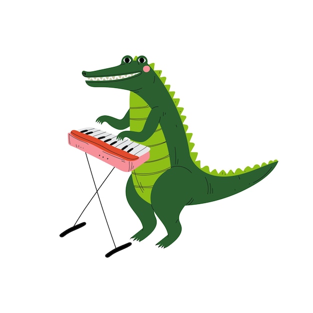 ベクトル ピアノを演奏するワニ 可愛いアニメ 動物 ミュージシャン 楽器を演奏するキャラクター 白い背景のベクトルイラスト