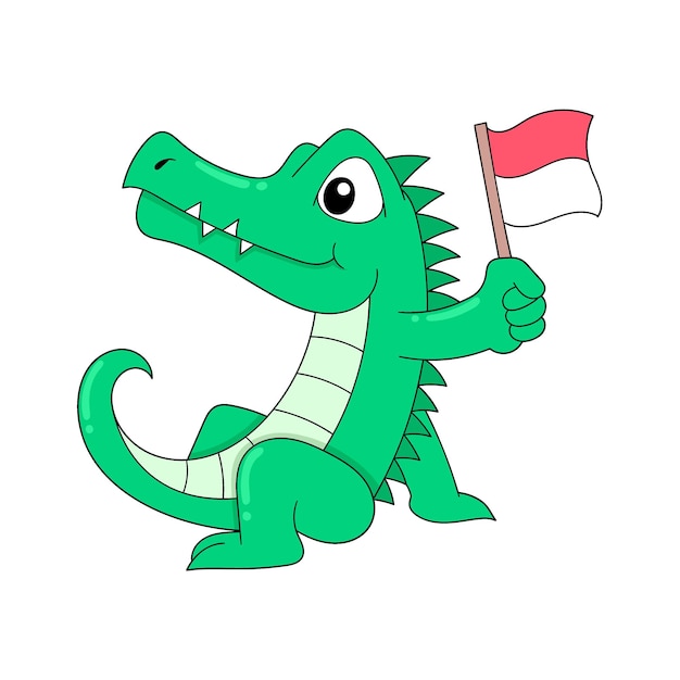 인도네시아 공화국의 국기를 들고 앉아 있는 악어 낙서 아이콘 이미지 가와이이