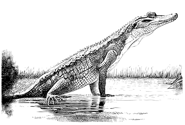 Crocodile sketch hand drawn sketch, engraving style side view vector illustration.