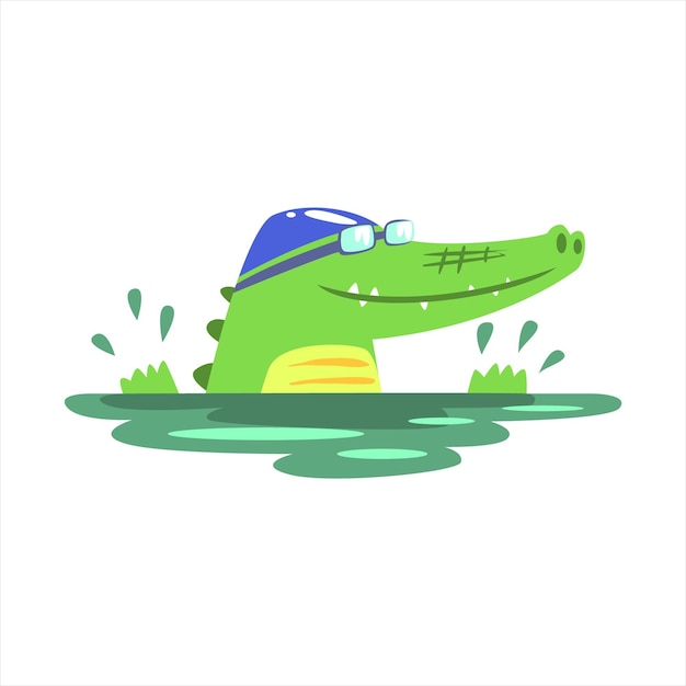 Crocodile Swimming In Pool With Rubber Hat Humanized Green Reptile Animal Character Every Day Activity