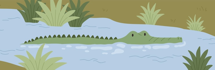 Vector crocodile in water alligator swimming in nile river wild gator in africa nature african green croc in tropical lake panoramic view predator in wilderness flat vector illustration