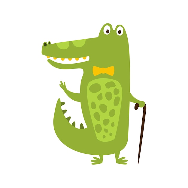 Crocodile with bow tie and cane flat cartoon green friendly\
reptile animal character drawing