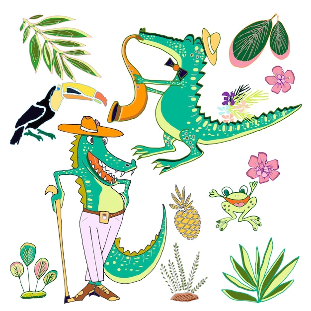 Crocodiles jazz musicians frog tropical plants Cute vector nursery set of tropical animals