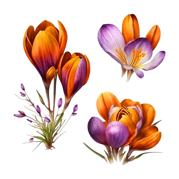 Vector crocus flower watercolor paint collection