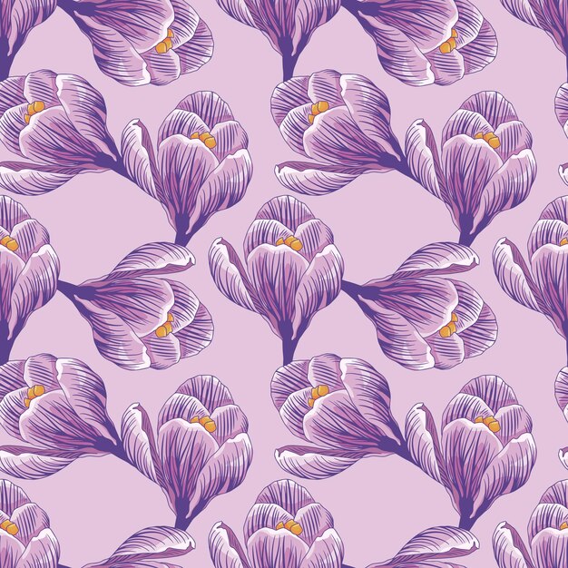 Vector crocus flowers floral seamless pattern background