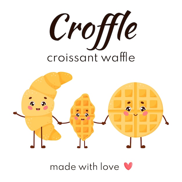 Concetto di famiglia croffle. stampa di croissant, waffle e croffle che si tengono per mano con testo. piatto vettoriale isolato su sfondo bianco.