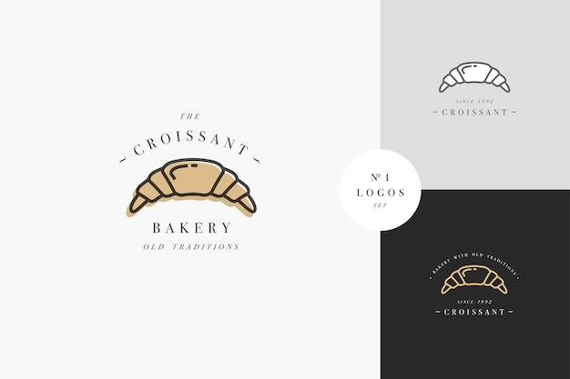 타이포그래피가있는 크루아상 빵집 엠블럼 또는 로고. 베이커리 숍 또는 패스트리 숍. 트렌디 한 선형 스타일의 로고