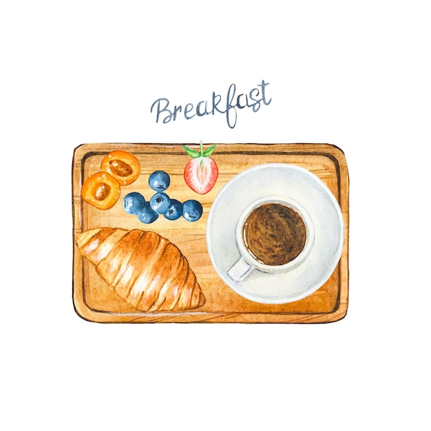 Vettore bacche di caffè croissant illustrazione ad acquerello disegnata a mano