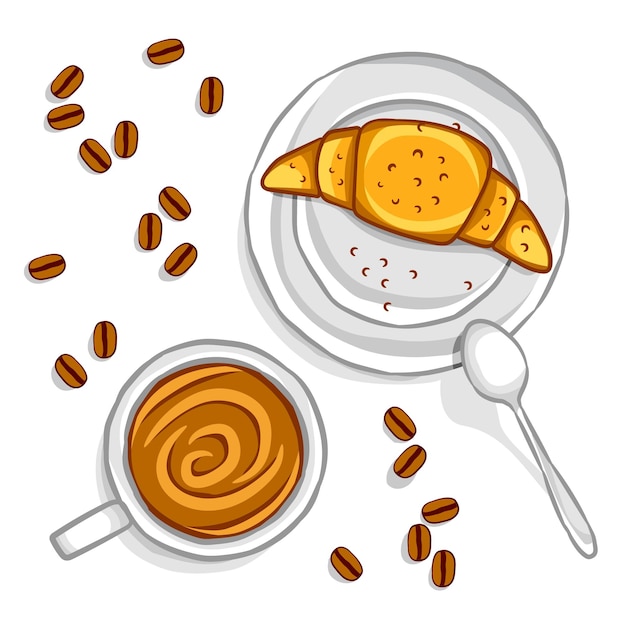 Croissant en koffie op een presenteerblaadje cartoon