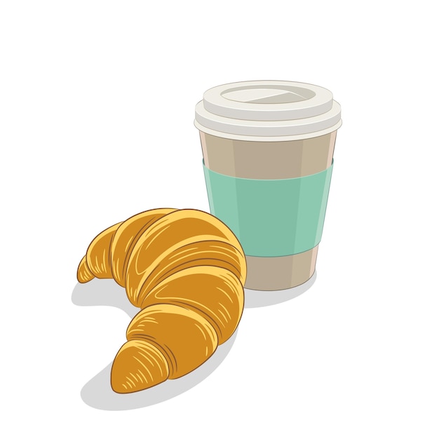 Vettore croissant e tazza di caffè di carta prima colazione illustrazione vettoriale