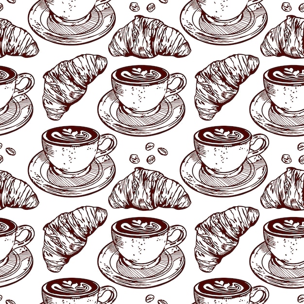 croissants cup of coffee coffee beans vector illustration of a seamless pattern in graphic style design element for menus of restaurants cafes food labels covers wrapping paper