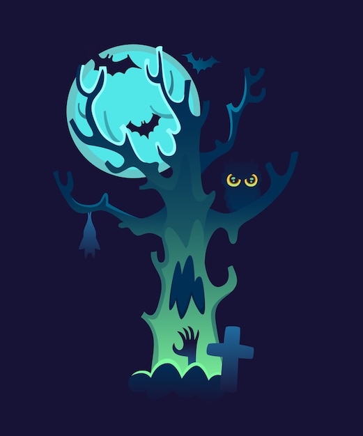 Crooked tree with owl and glowing moon. Hand rising from the ground