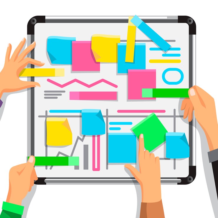 Vector crop coworkers building plan on whiteboard