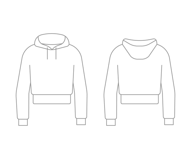 Crop top sweatshirt outline template unisex with long sleeve and hood technical mockup front back