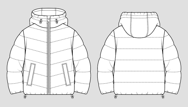 Vector cropped puffer winter down coat. women oversized quilting jacket. technical sketch.